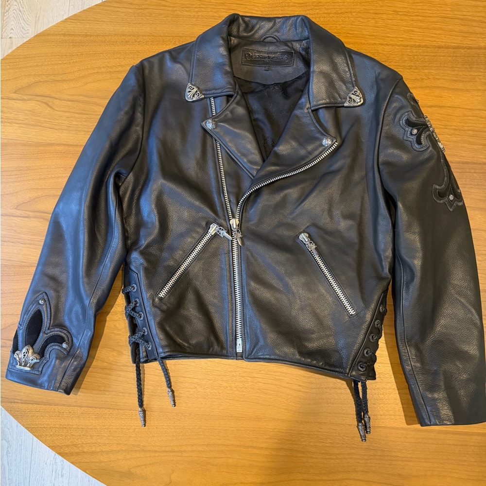 Chrome Hearts Black Leather Biker Jacket with Fleur-de-Lis and Silver Accents